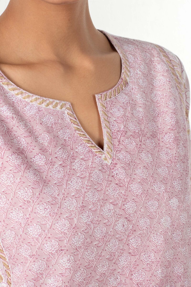 Pink Block Printed Cotton Kaftan