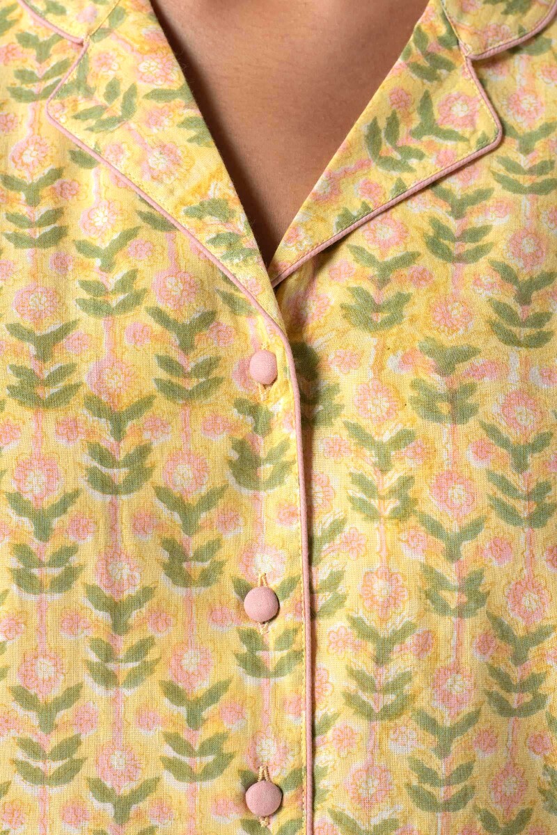 Yellow Block Printed Cotton Pyjama Set