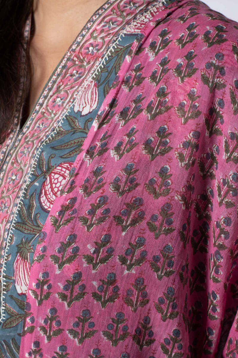 Pink Block Printed Cotton Dupatta