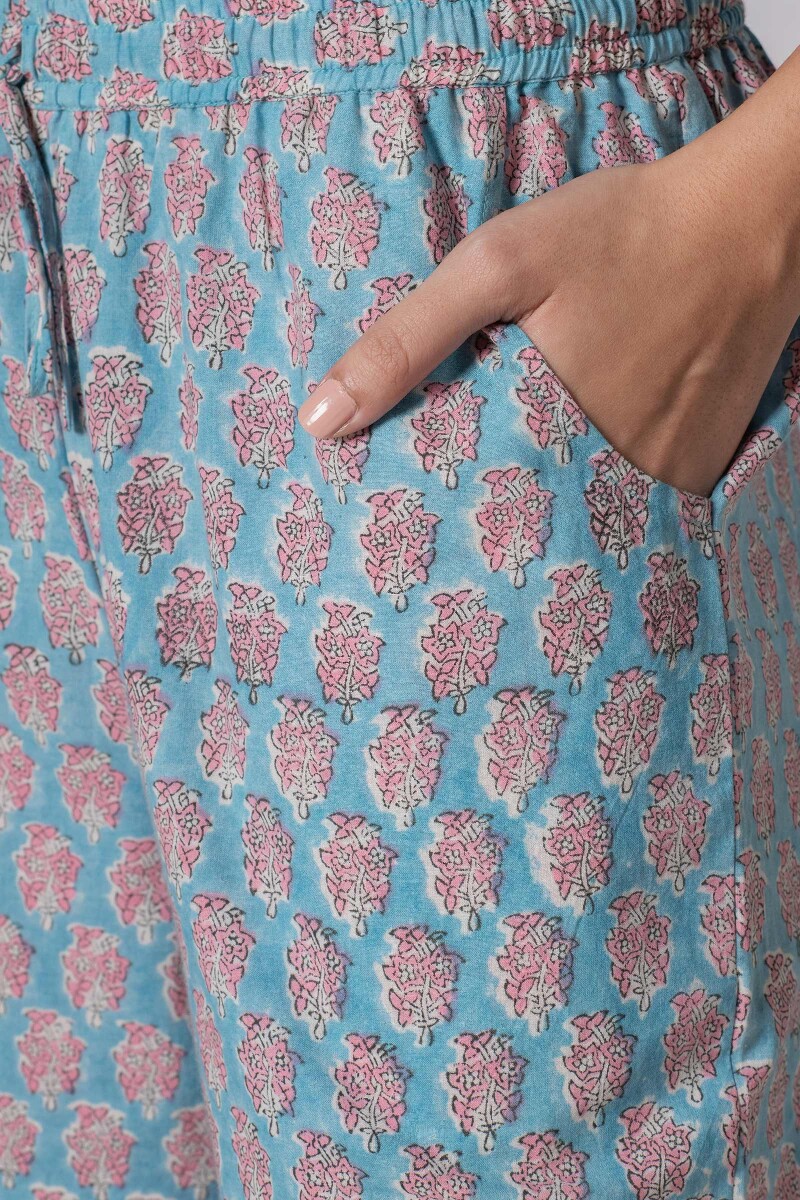 Blue Block Printed Cotton Farsi Pants