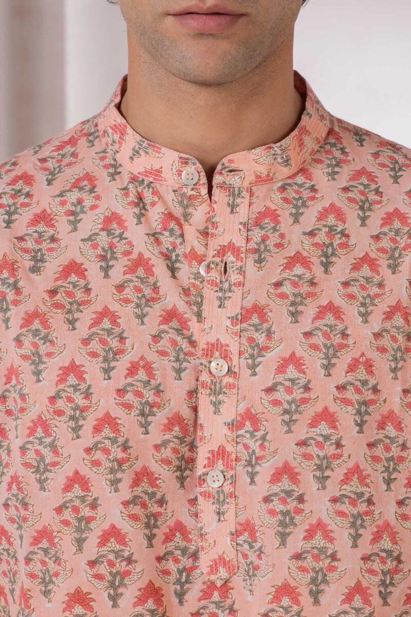 Peach Block Printed Cotton Kurta