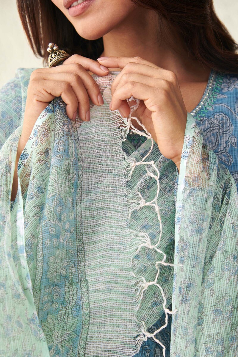 Green Hand Block Printed Kota Dupatta