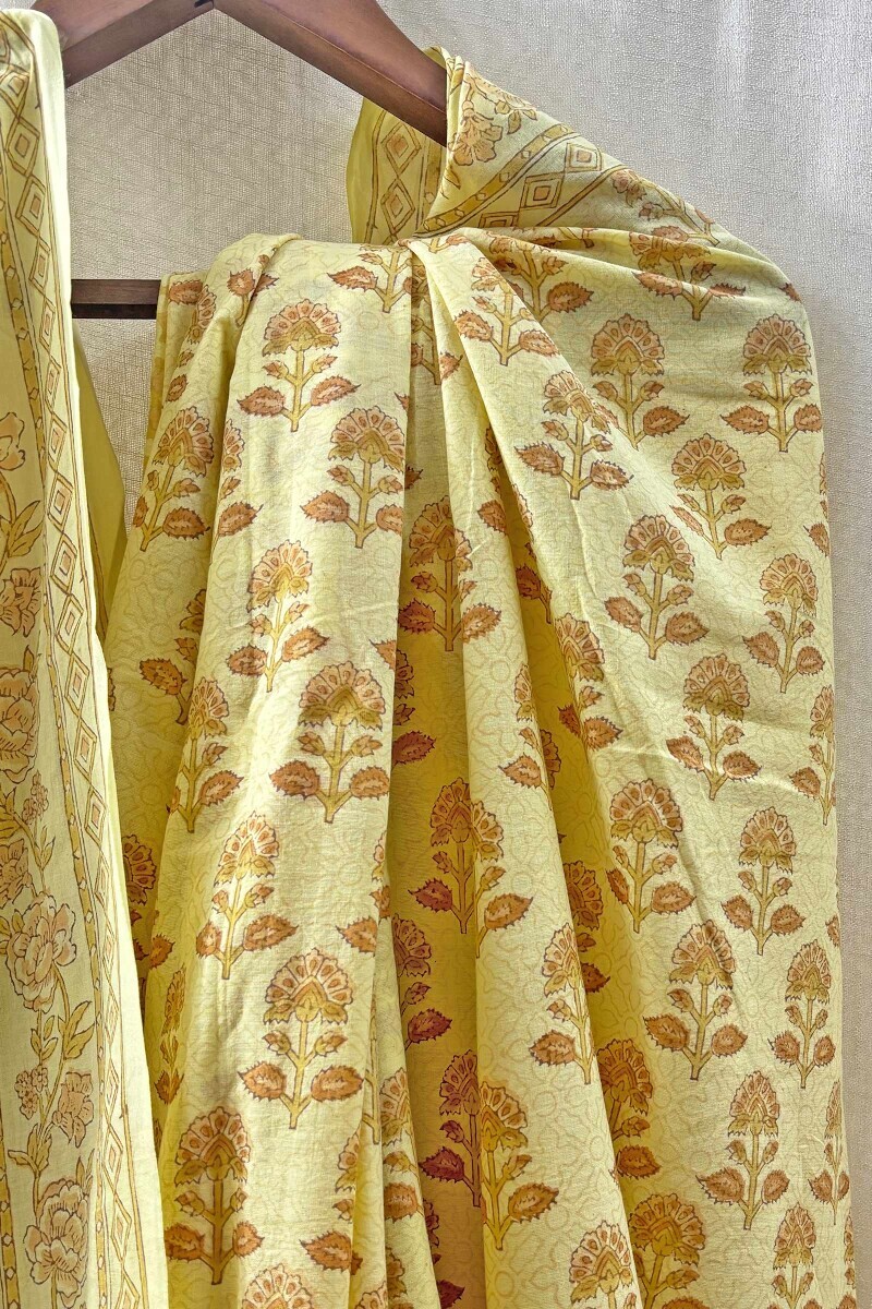 Yellow Hand Block-Printed Saree