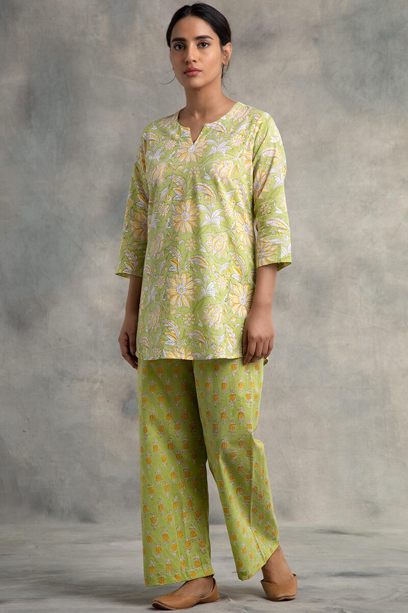 Green Block Printed Cotton Pyjama Set