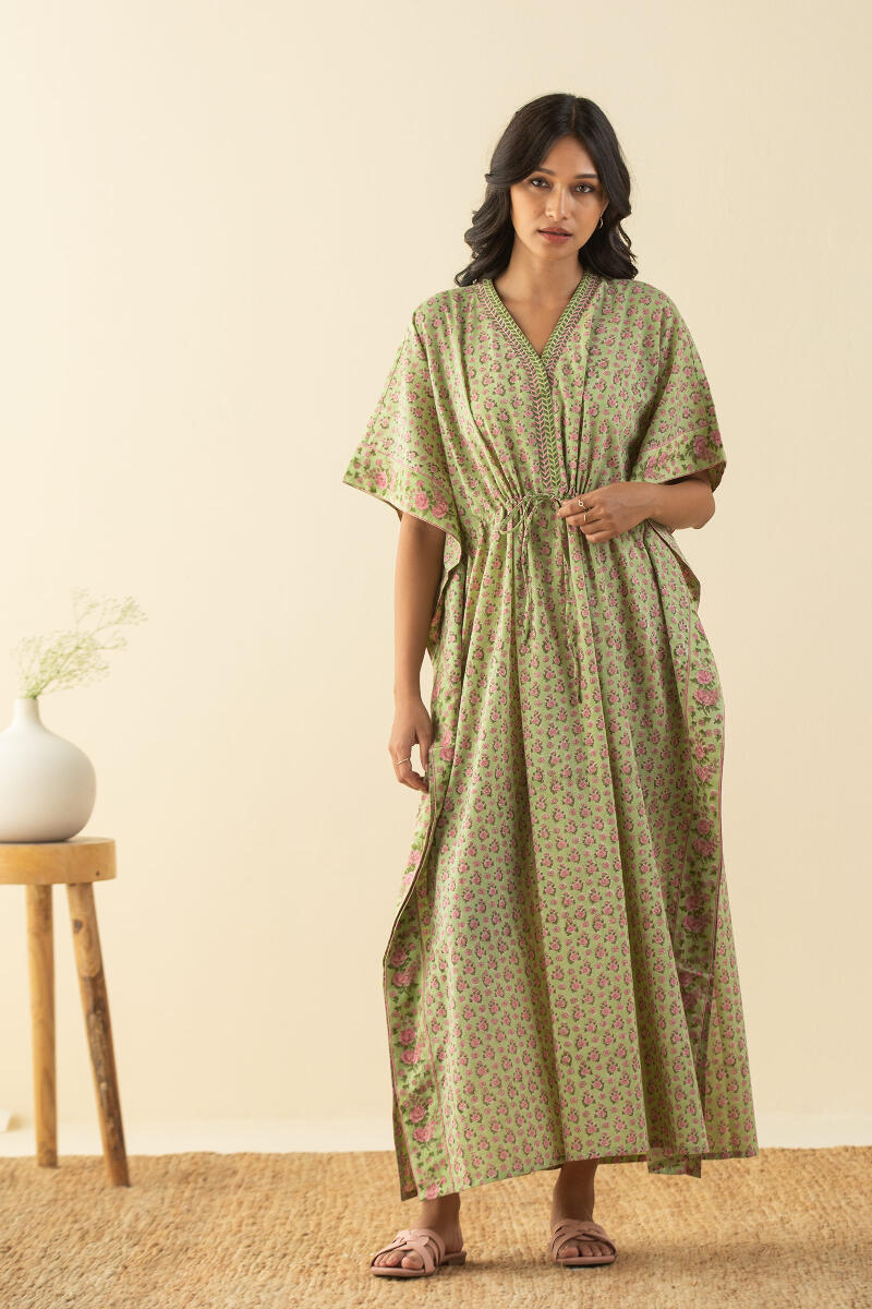 Green Block Printed Cotton Kaftan