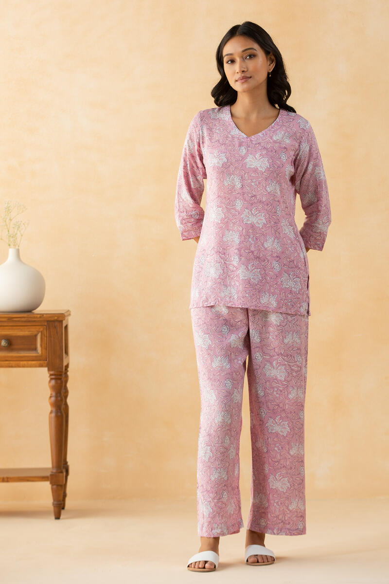 Purple Block Printed Cotton Modal Pyjama Set