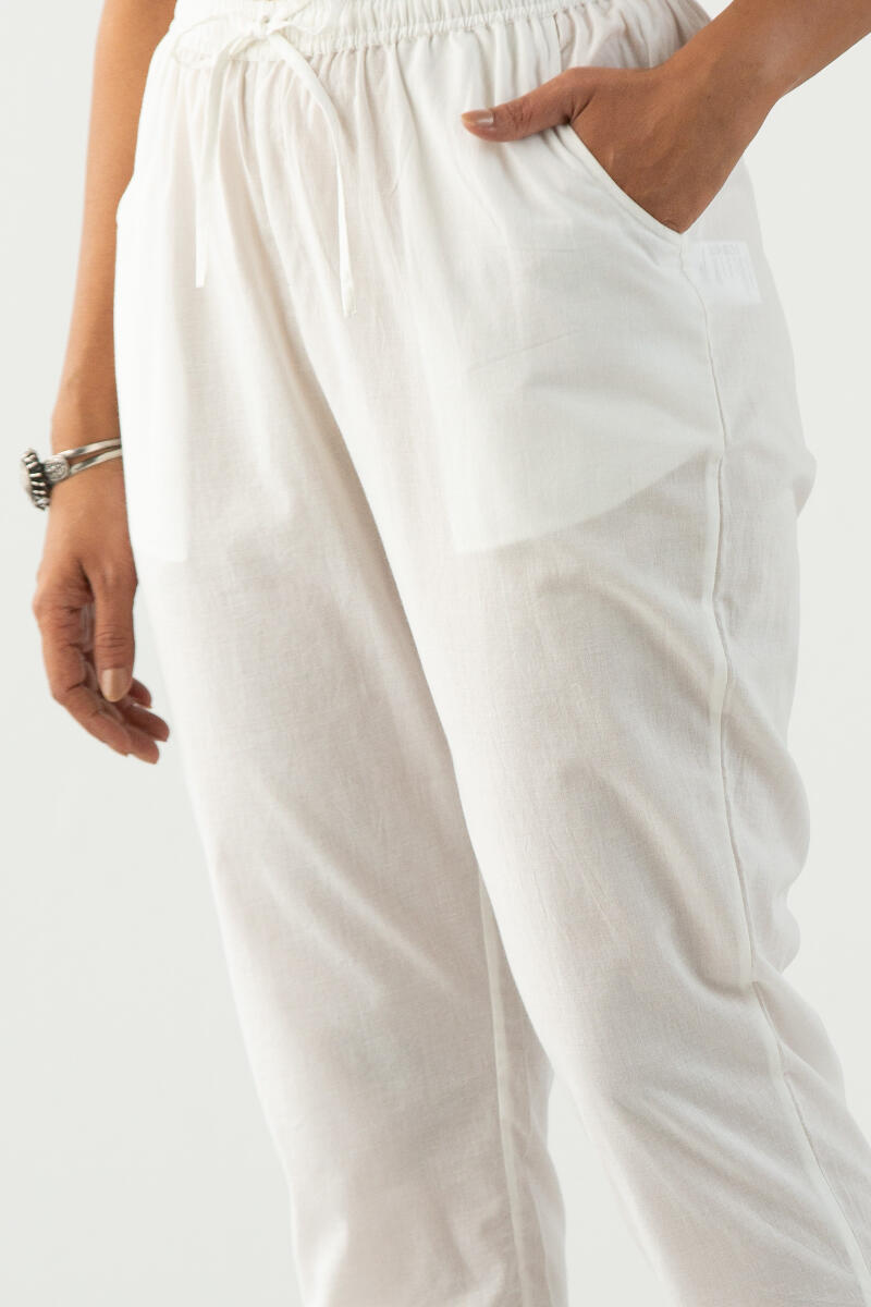 White Handcrafted Cotton Narrow Pants