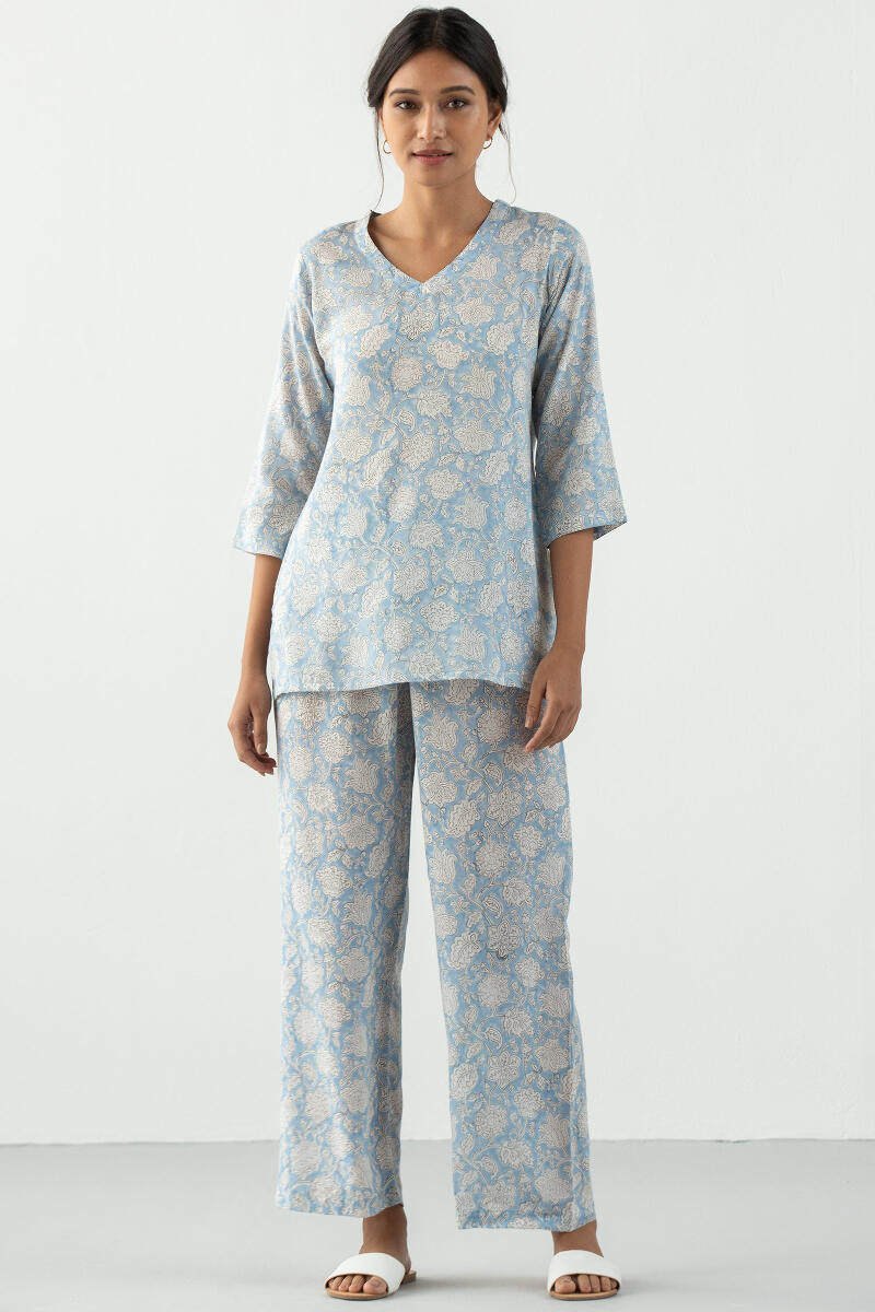 White Block Printed Cotton Modal Pyjama Set