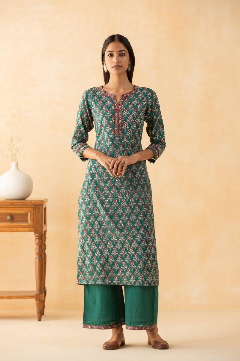 Green Block Printed Straight Cotton Kurta