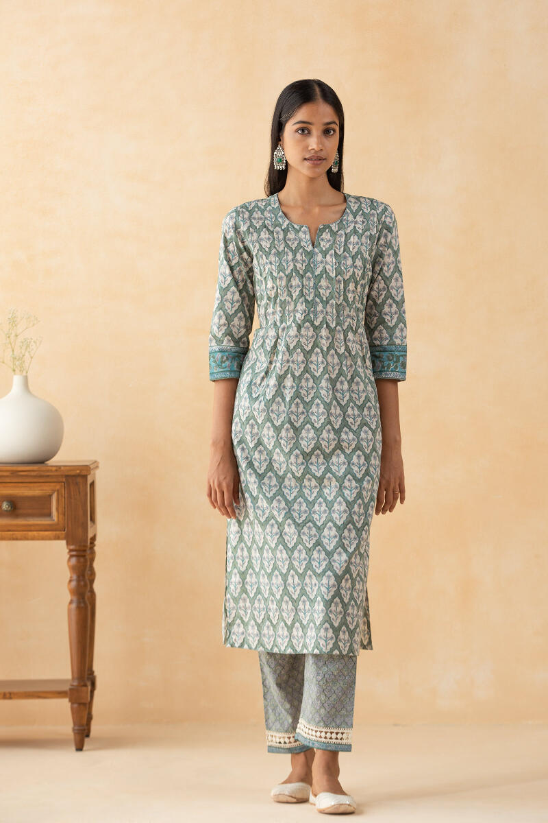 Green Block Printed Straight Cotton Kurta