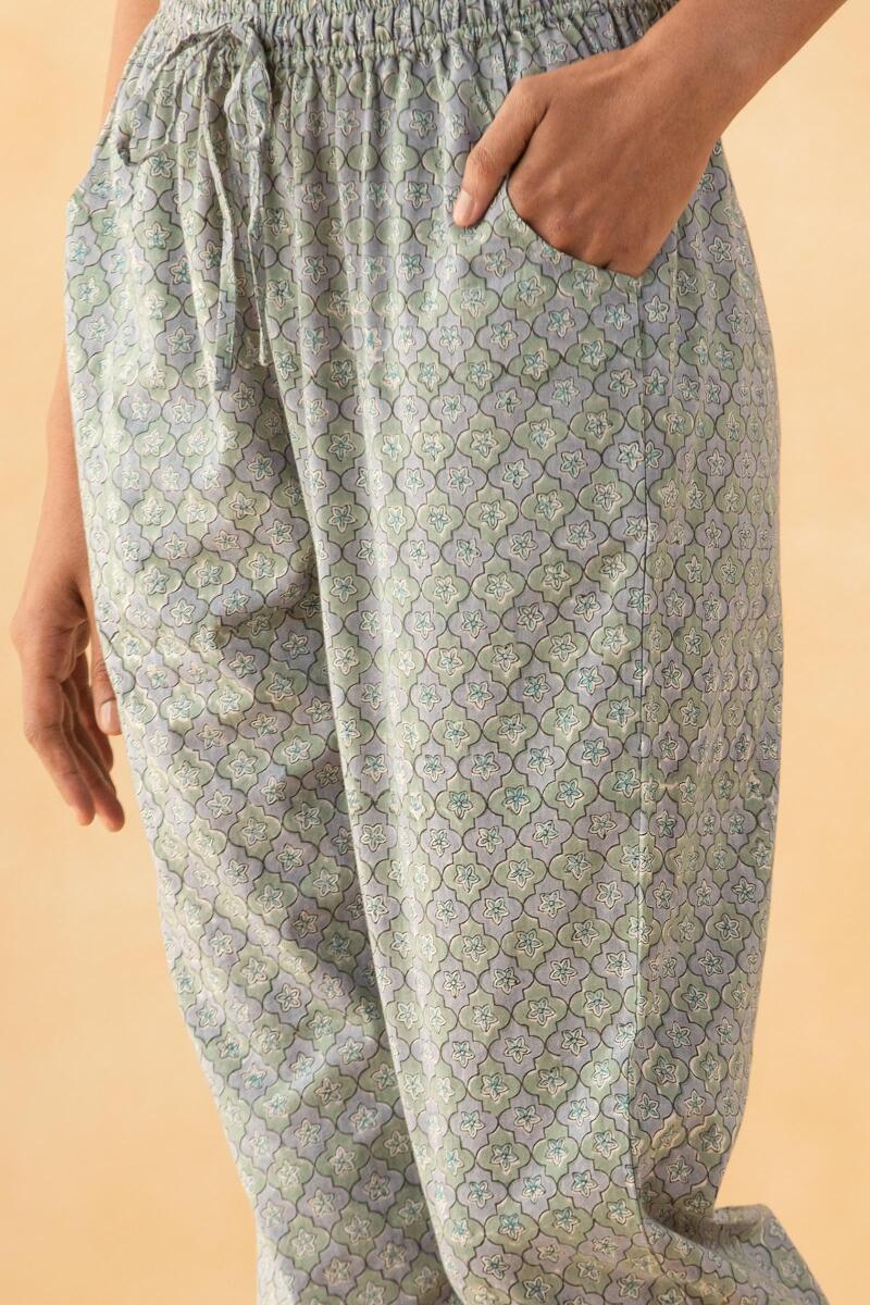 Grey Block Printed Cotton Narrow Pants