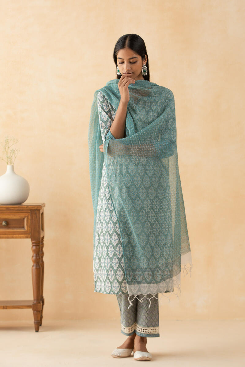 Blue Block Printed Kota Dupatta