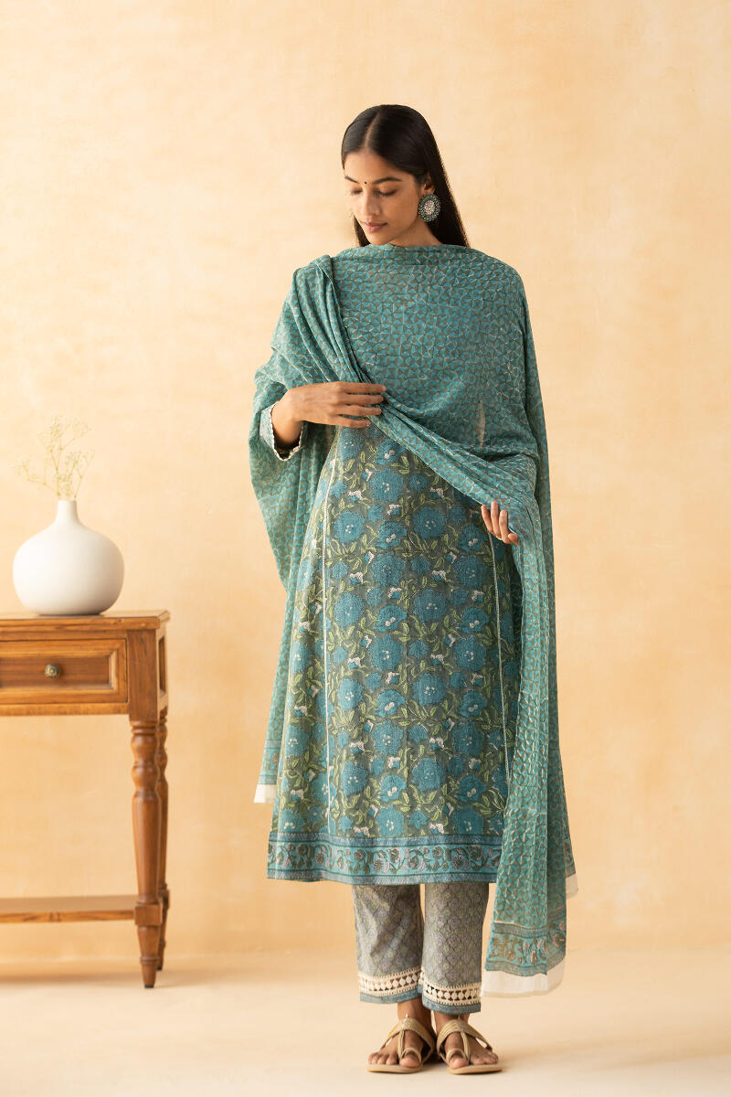 Grey Block Printed Cotton Dupatta