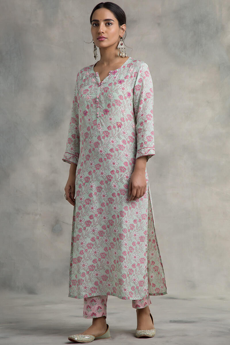 Green Block Printed Straight Muslin Kurta