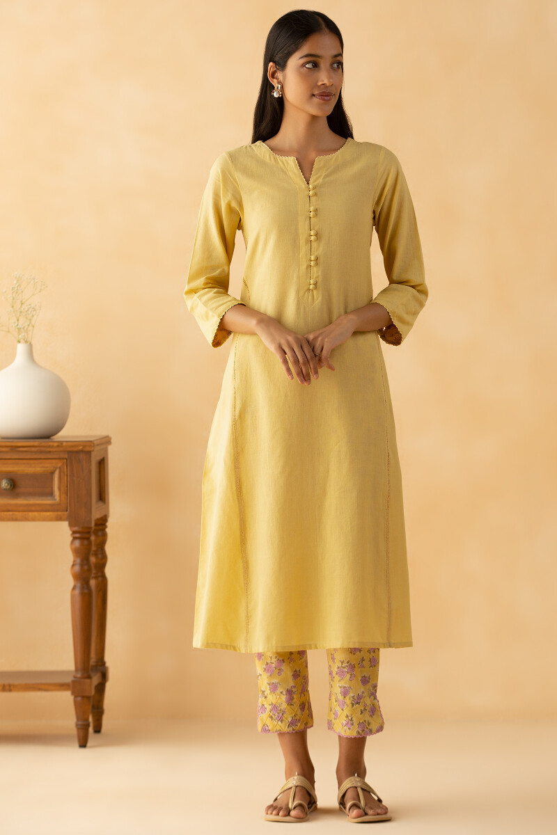 Yellow Handcrafted A-Line Cotton Kurta