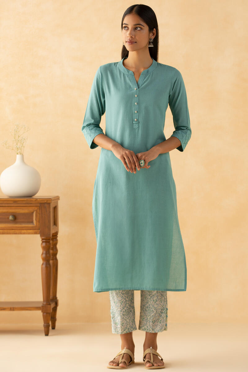 Blue Handcrafted Straight Cotton Kurta