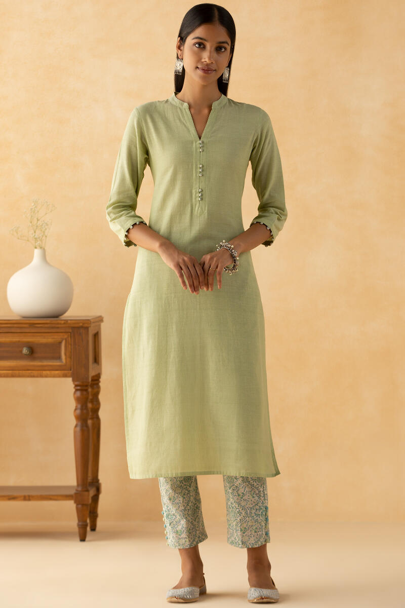 Green Handcrafted Straight Cotton Kurta