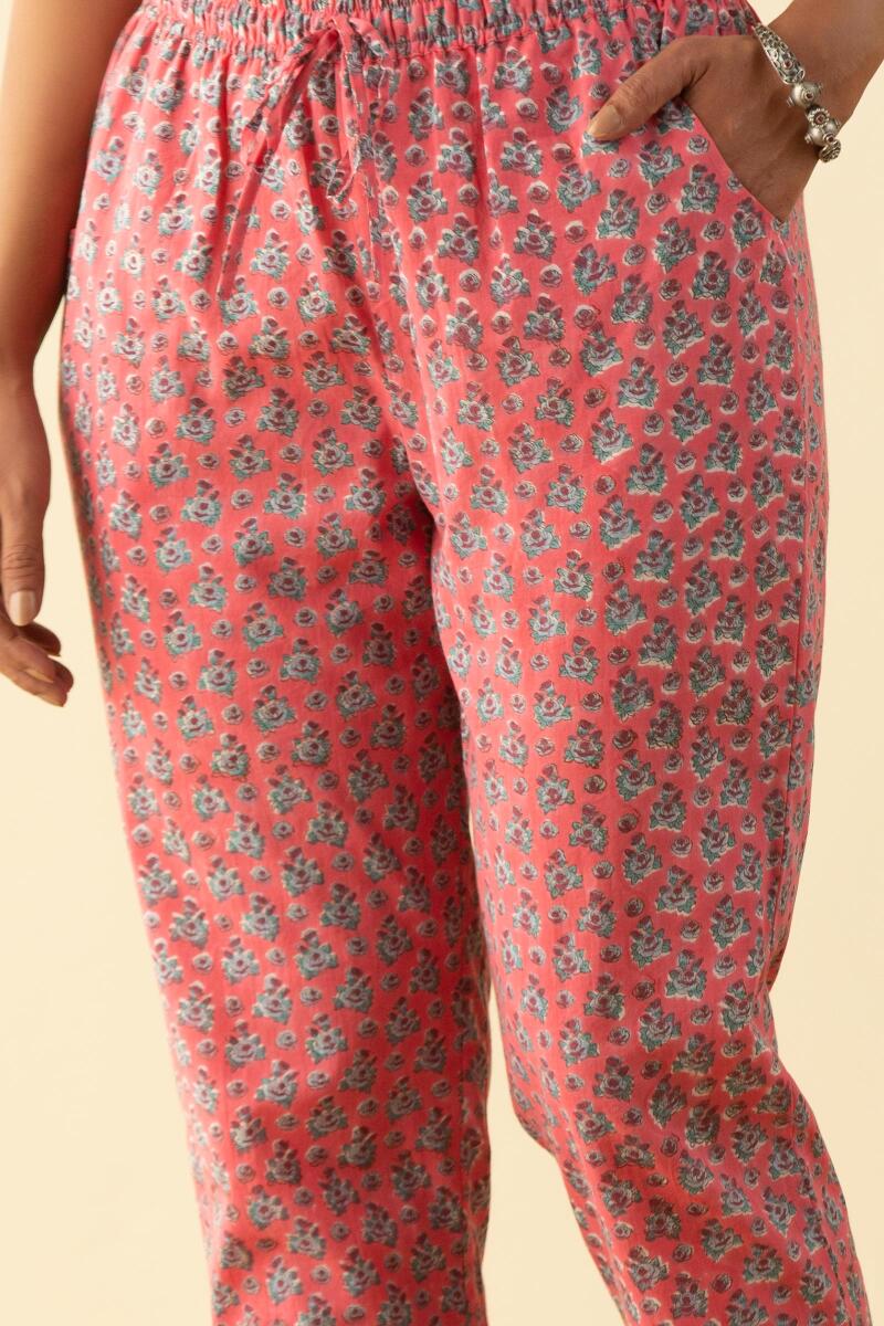 Pink Block Printed Cotton Narrow Pants