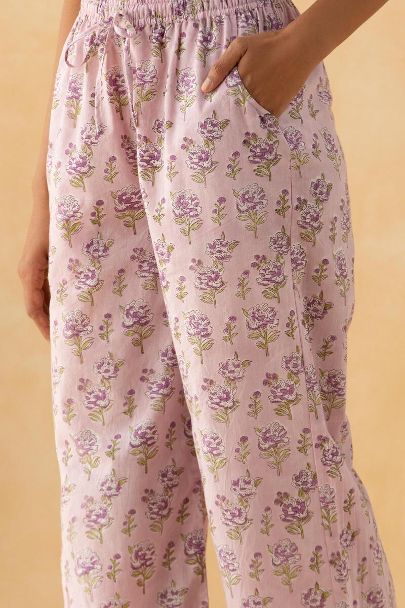 Purple Block Printed Cotton Farsi Pants