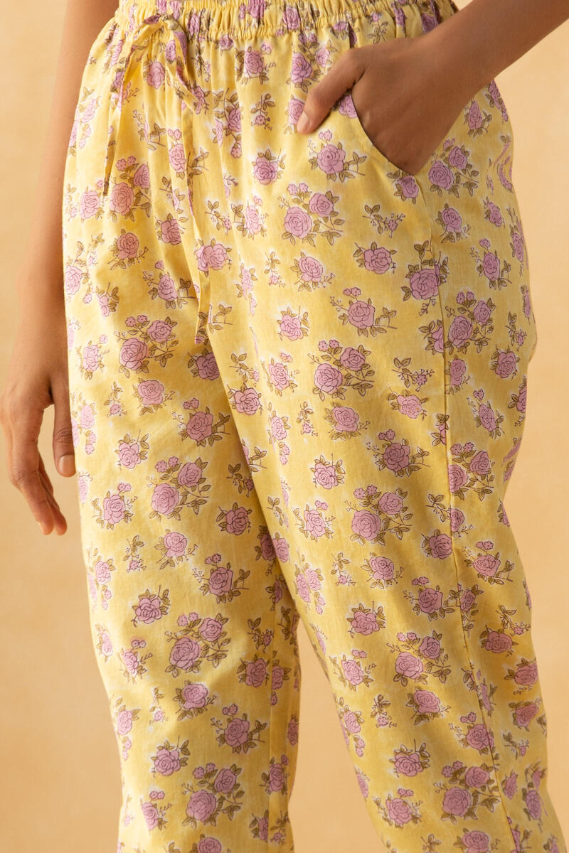 Yellow Block Printed Cotton Narrow Pants