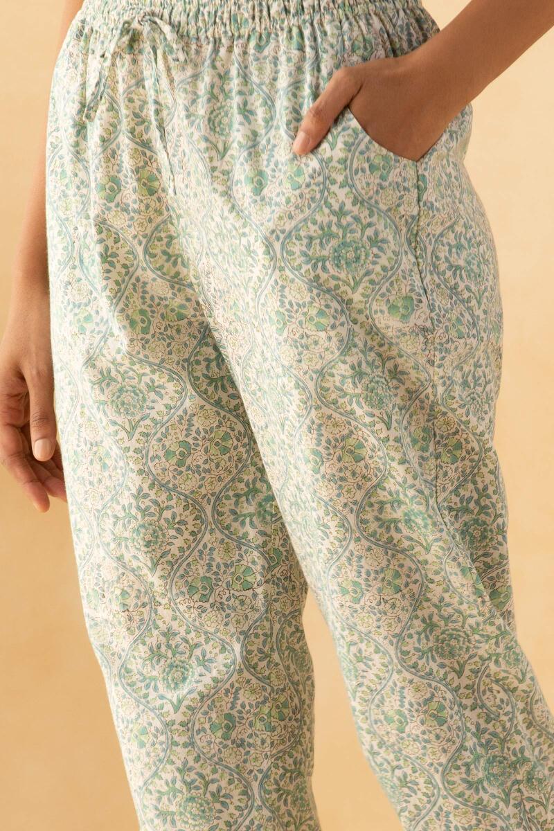 Blue Block Printed Cotton Narrow Pants