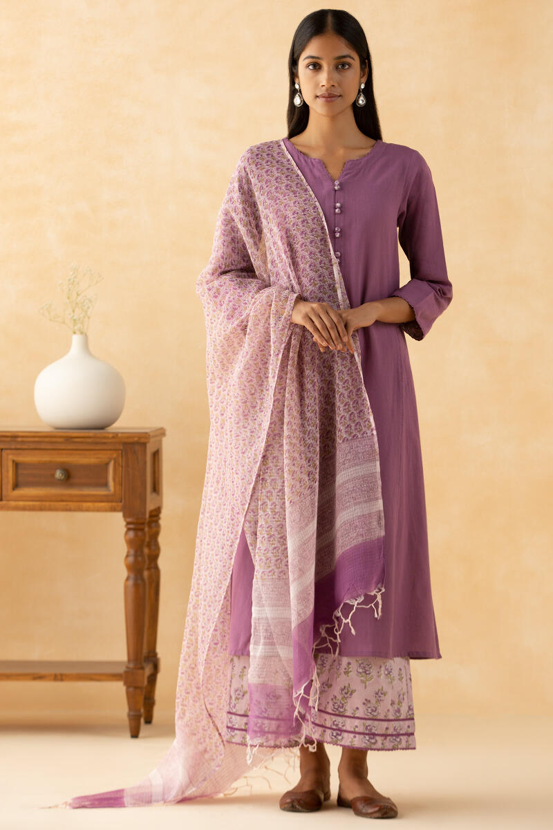 Purple Block Printed Kota Dupatta