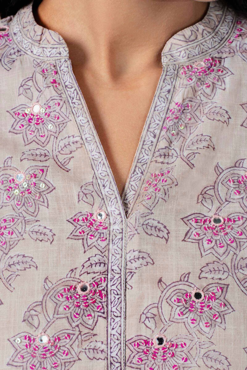 Pink Block Printed Straight Cotton Kurta