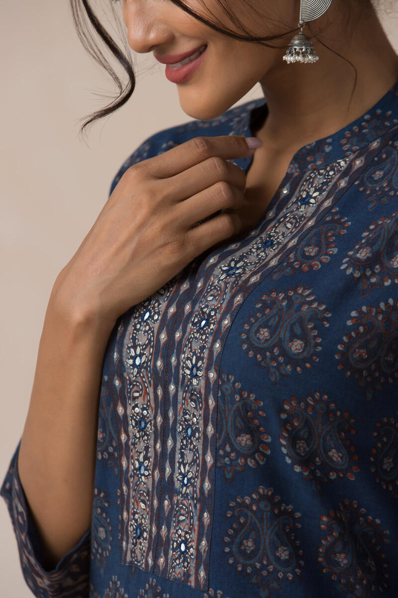 Indigo Block Printed Straight Cotton Kurta