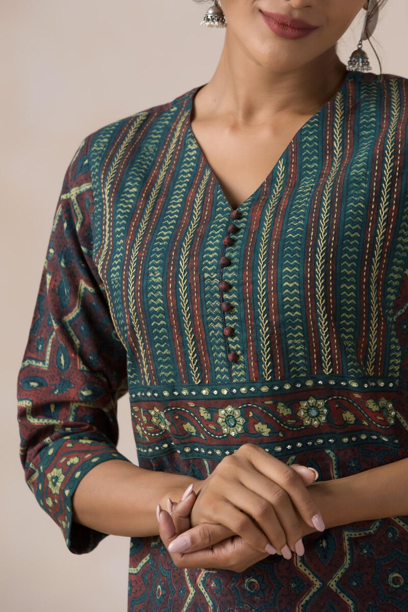 Maroon Block Printed Straight Cotton Kurta