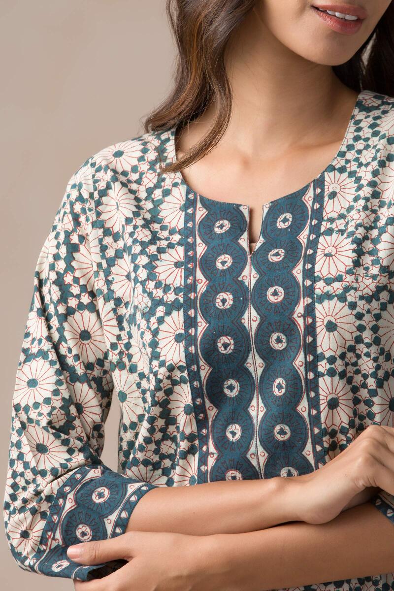 Green Block Printed Cotton Kaftan