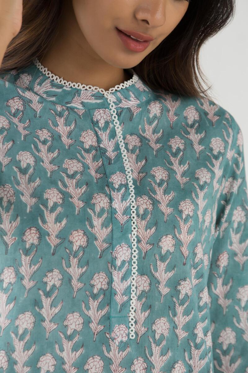 Blue Block Printed Cotton Pyjama Set