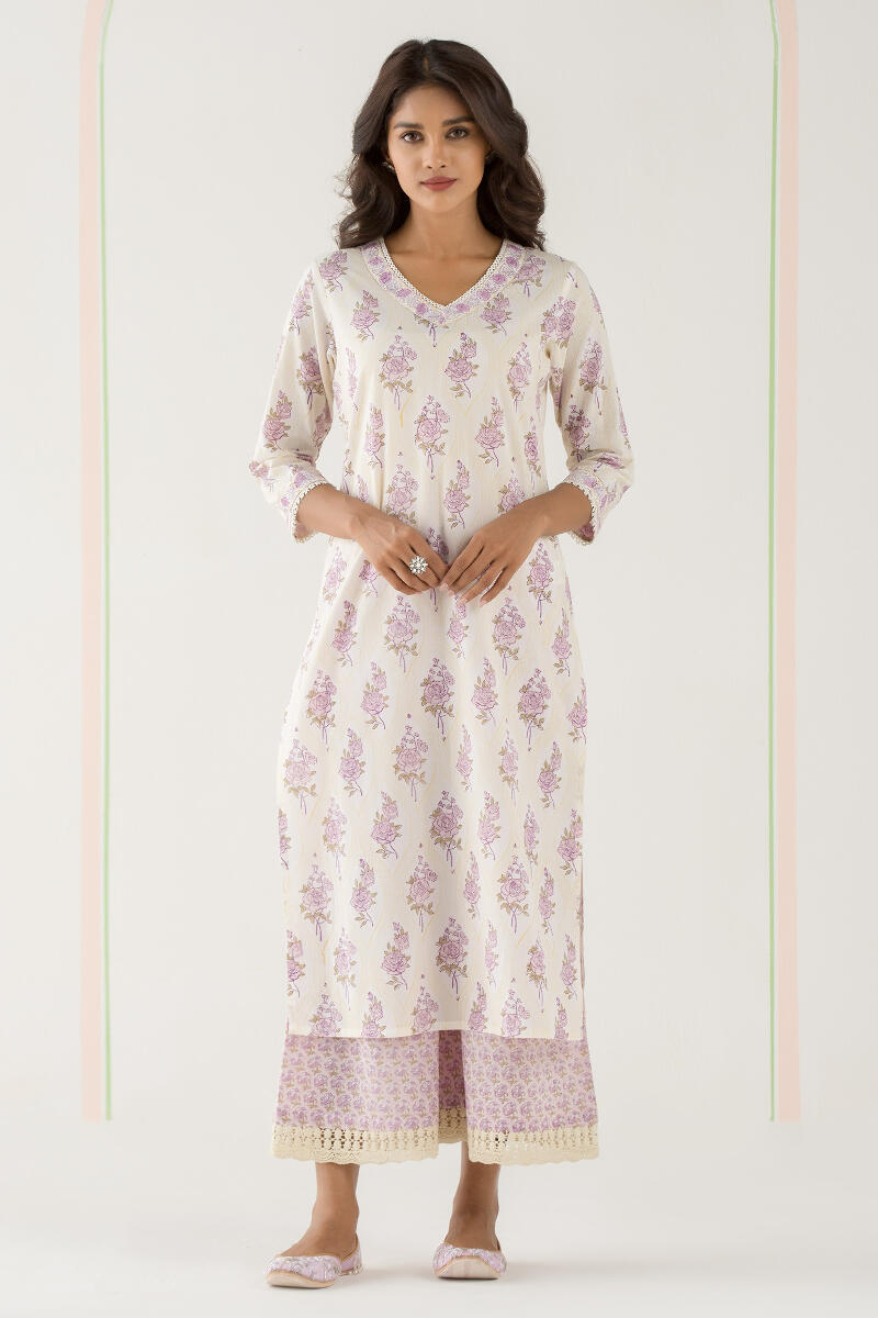 Yellow Block Printed Straight Cotton Kurta