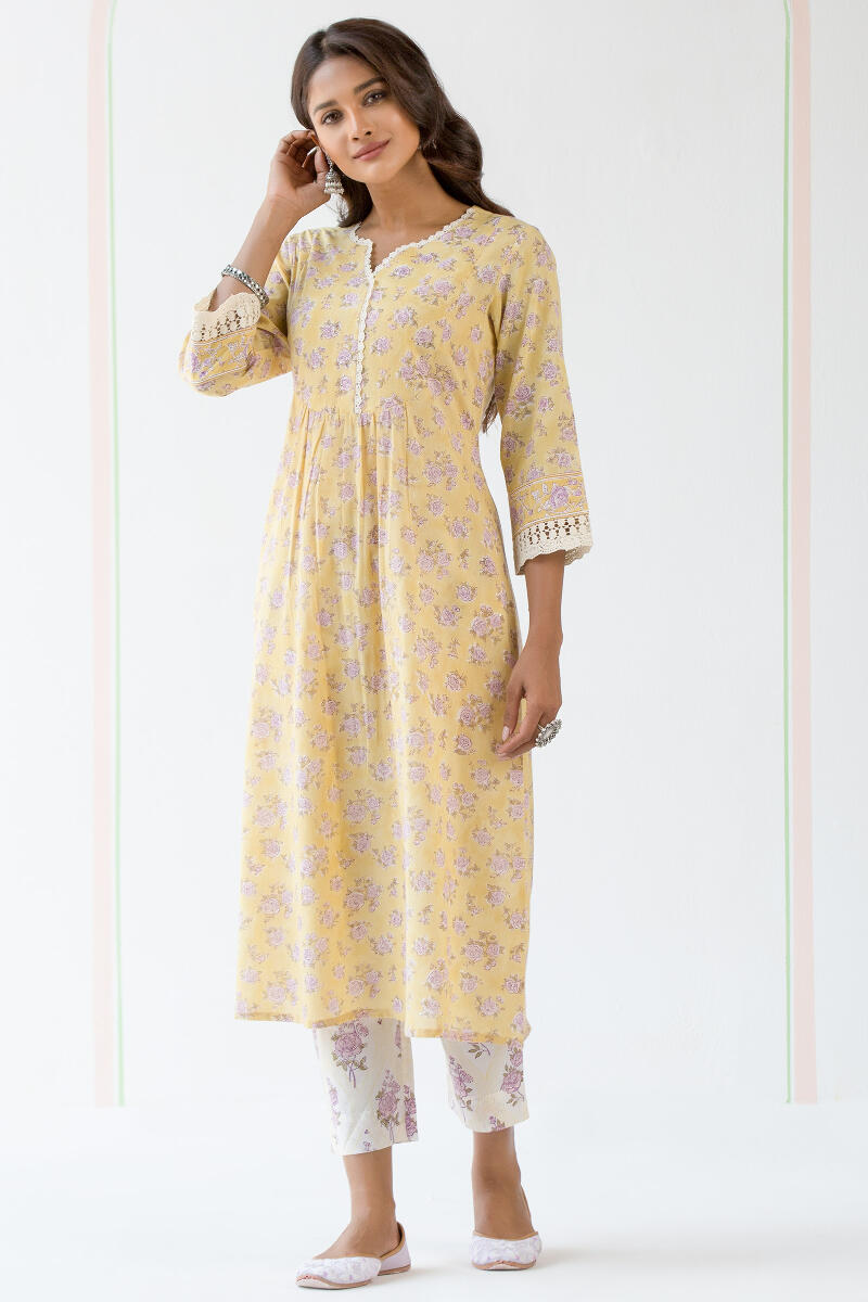 Yellow Block Printed A-Line Cotton Kurta