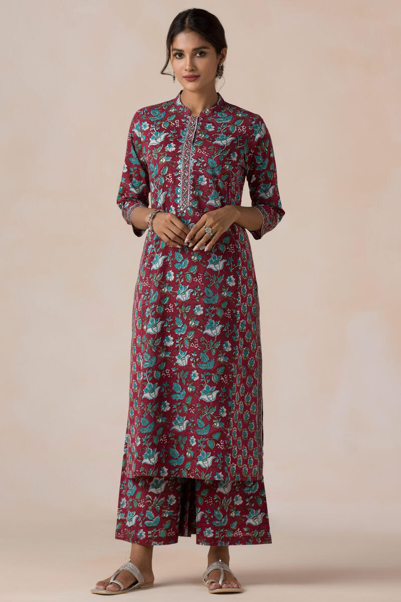 Red Block Printed Straight Cotton Kurta