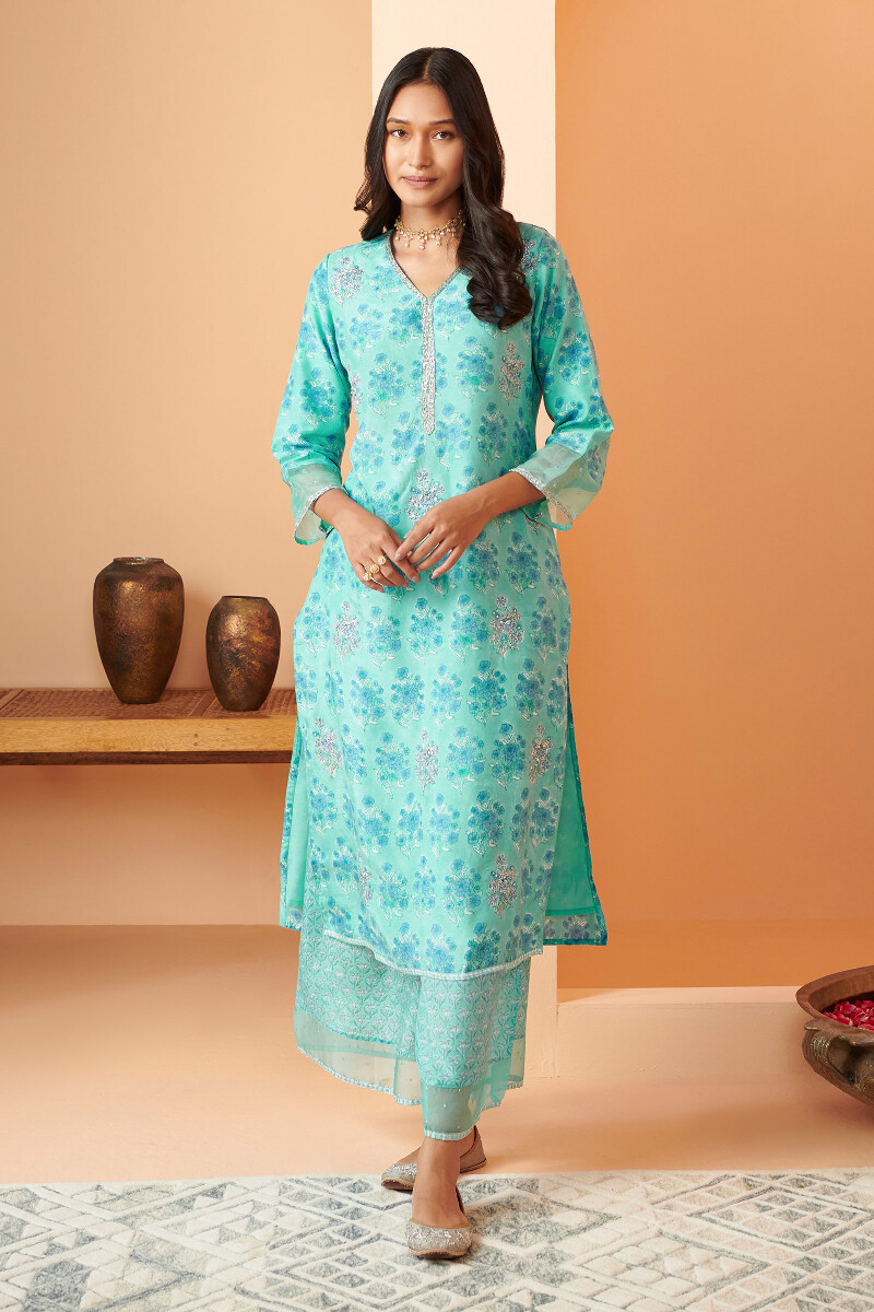 Green Block Printed Straight Cotton Kurta