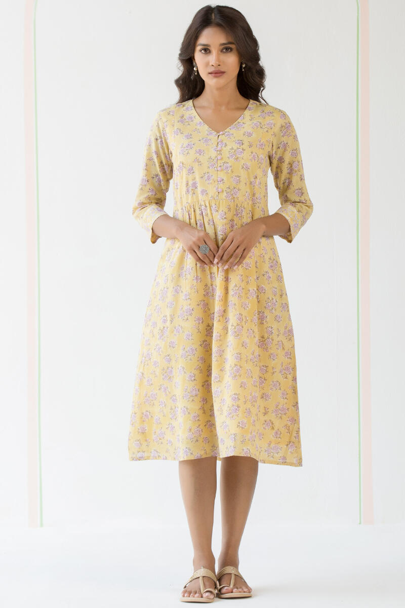 Yellow Block Printed Cotton Dress