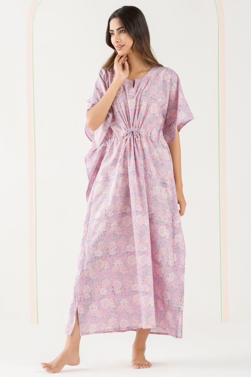 Purple Block Printed Cotton Kaftan