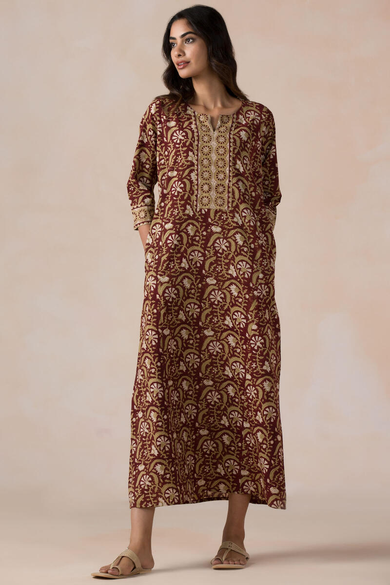 Brown Block Printed Cotton Kaftan