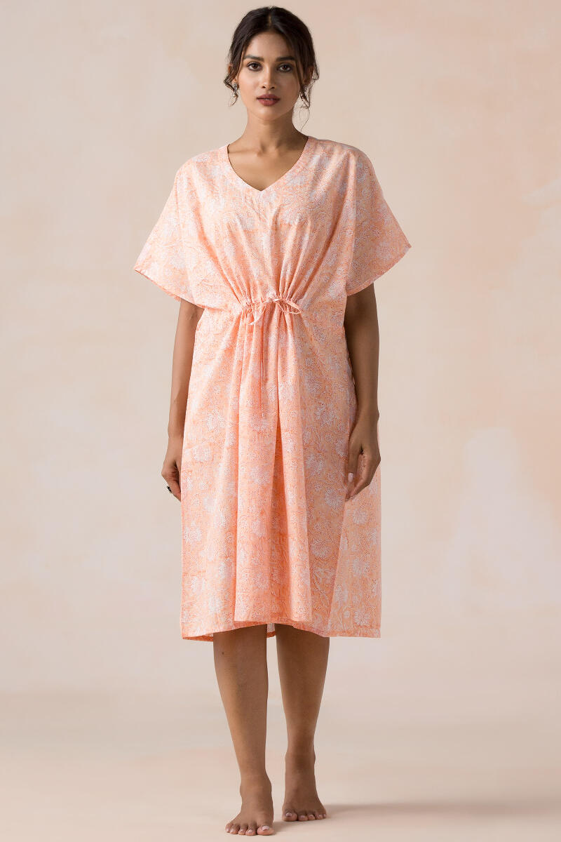 Peach Block Printed Cotton Kaftan