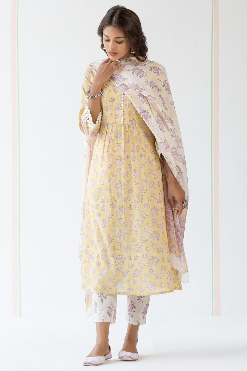 Yellow Block Printed Cotton Dupatta