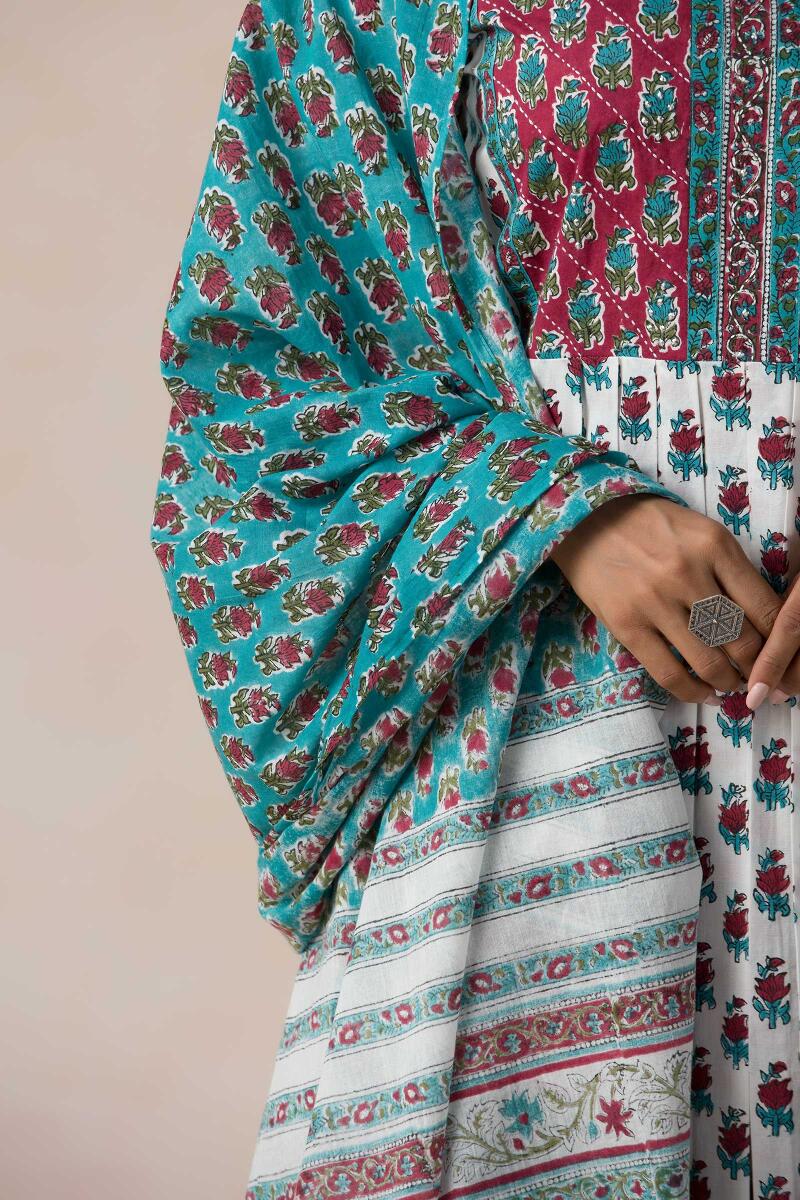 Turquoise Block Printed Cotton Dupatta