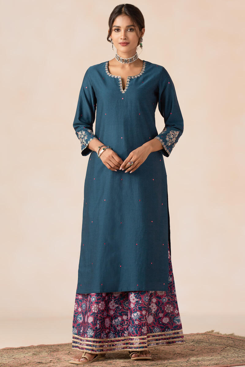 Blue Handcrafted Straight Chanderi Kurta