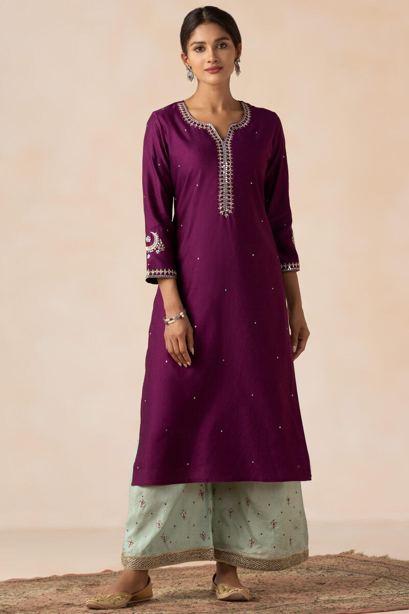 Purple Handcrafted Straight Chanderi Kurta