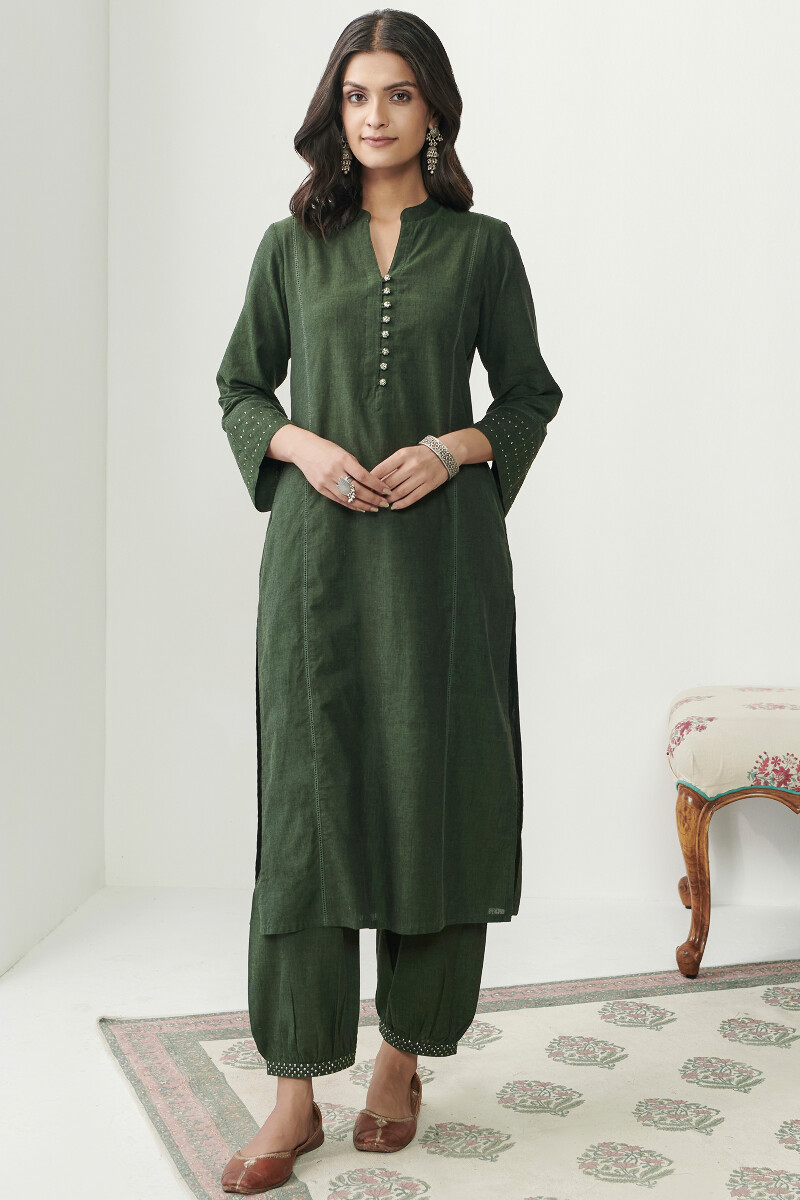 Green Block Printed Straight Cotton Kurta