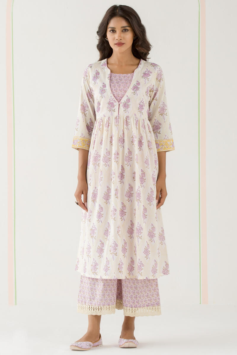 Yellow Block Printed A-Line Cotton Kurta