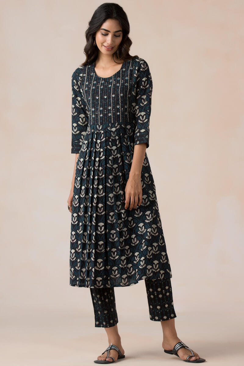 Black Block Printed A-Line Cotton Kurta