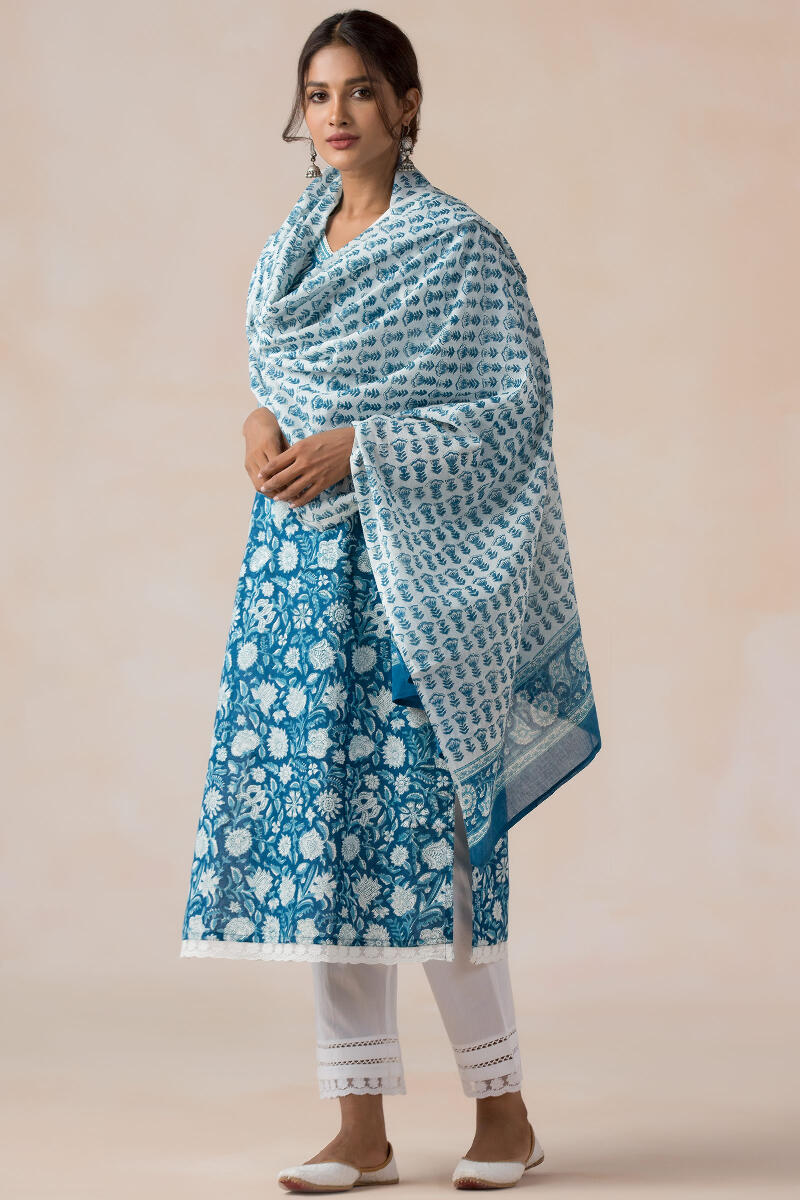 Blue Block Printed Cotton Dupatta