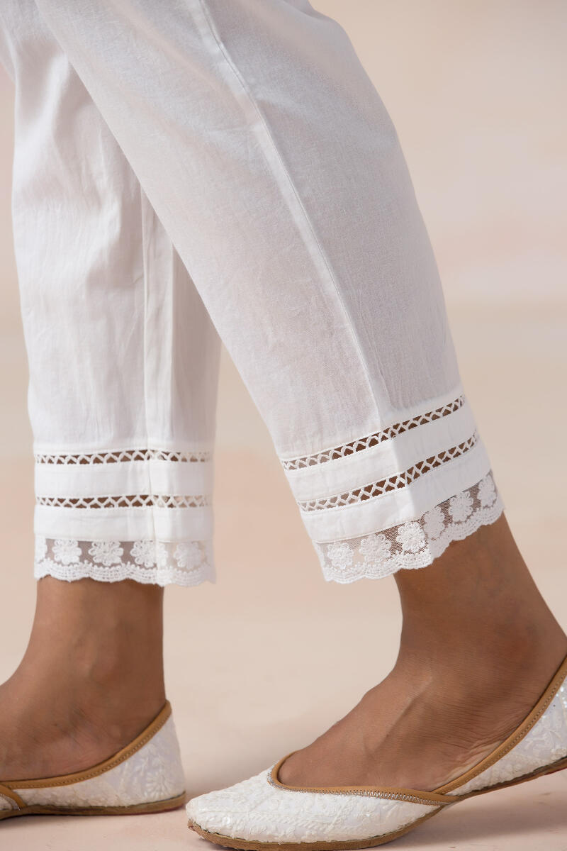 White Handcrafted Cotton Narrow Pants