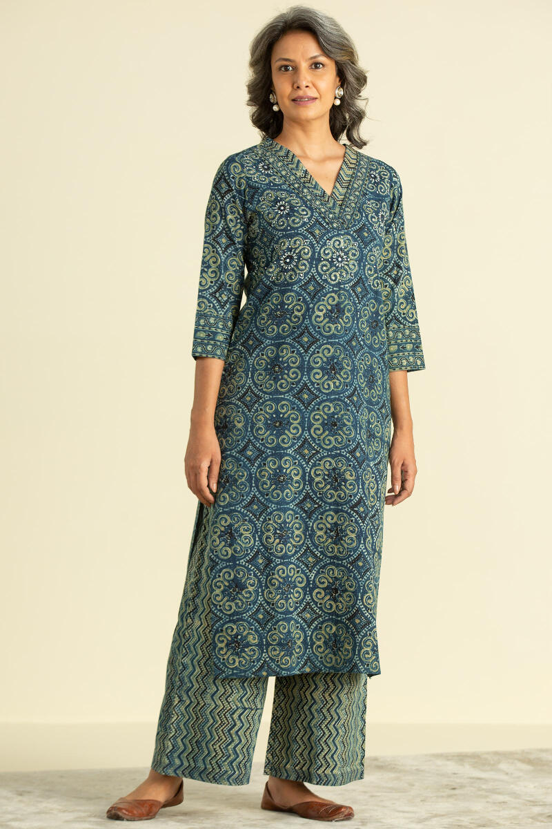 Indigo Block Printed Straight Cotton Kurta