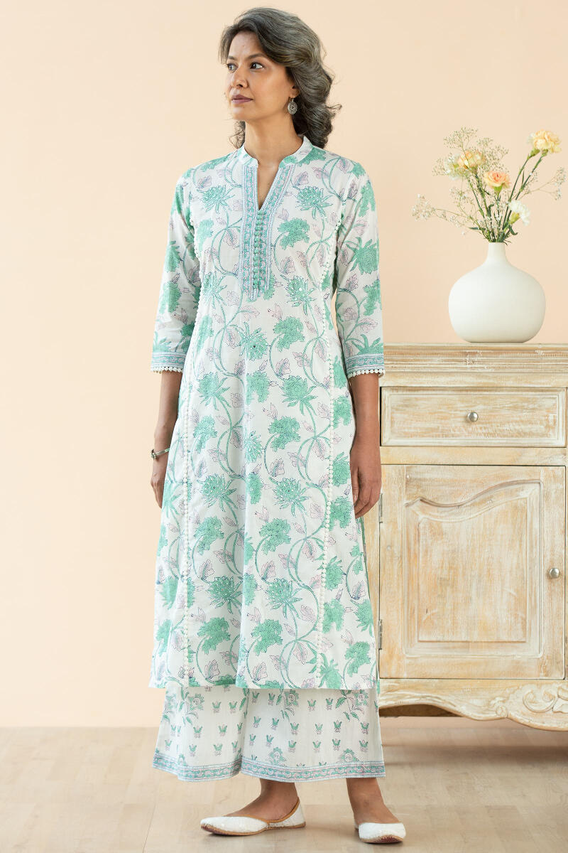 White Block Printed Straight Cotton Kurta